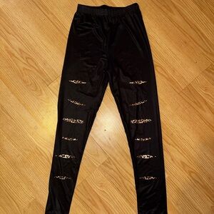 Black Ripped Leggings with Leopard Accents